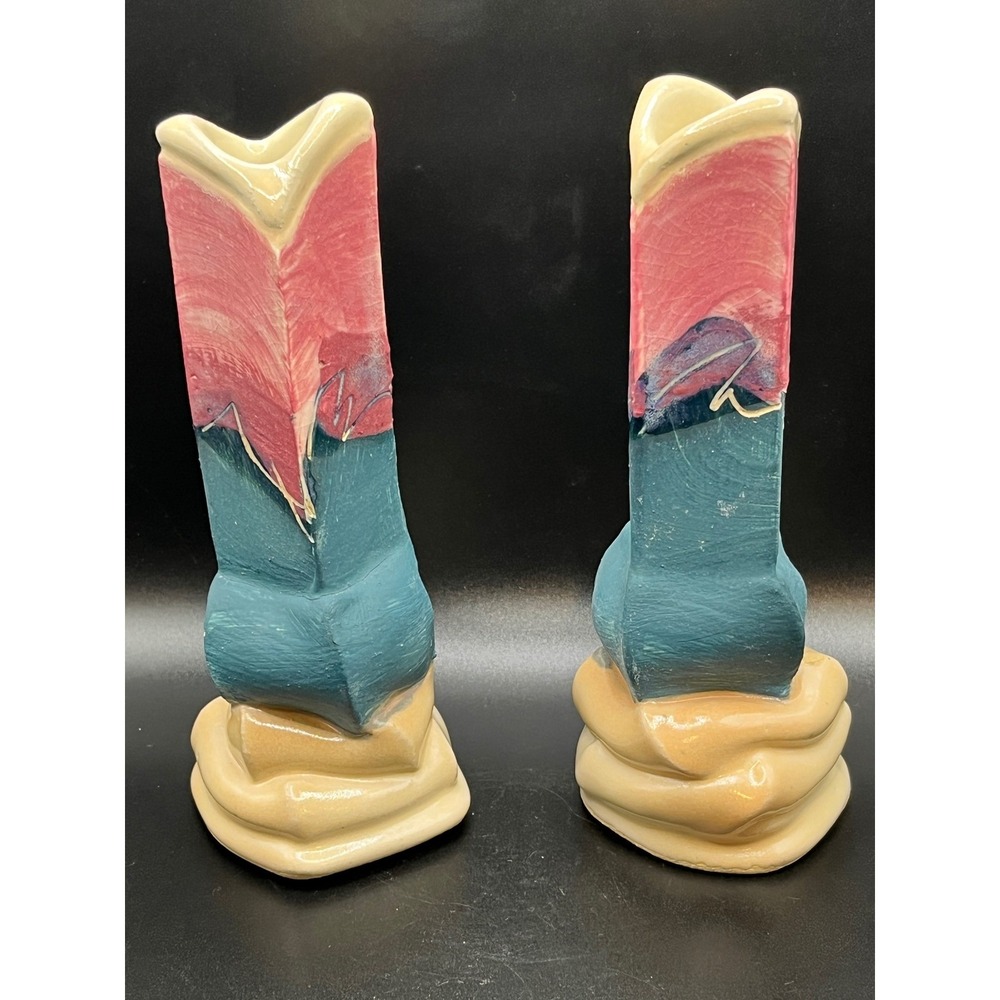 Signed Art‎ Pottery Vases Unique Sculptural Design Home Decor Set of 2 7" Tall